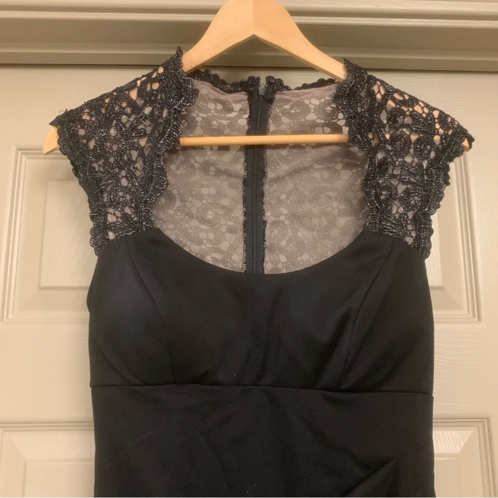 NWT Xscape LBD Black Lace Stand Collar Illusion Back Neck Short Cap Sleeve Dress